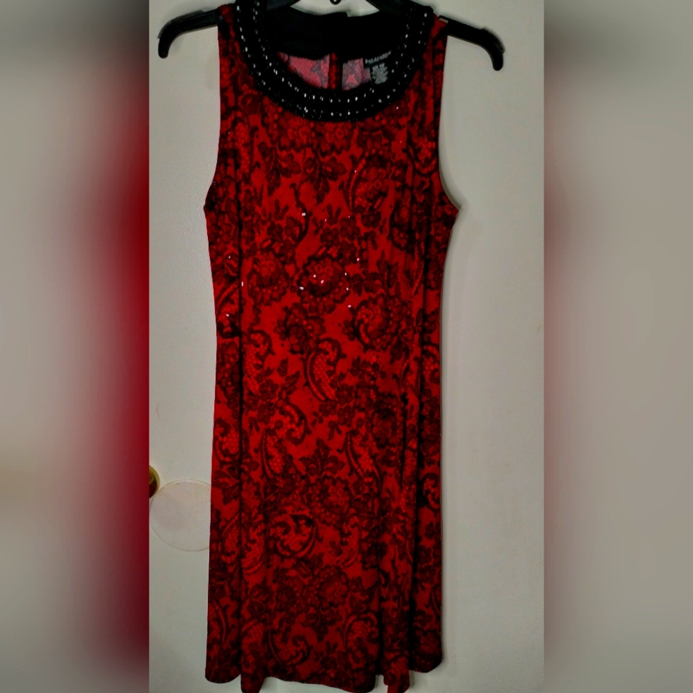 Bay Studio Red and Black Lace Sleeveless Beaded Neckline Cocktail Dress Size 10P